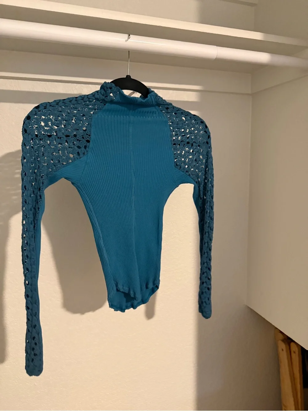 Free People Teal Ribbed Long Sleeve Top with Crochet Lace Sleeves